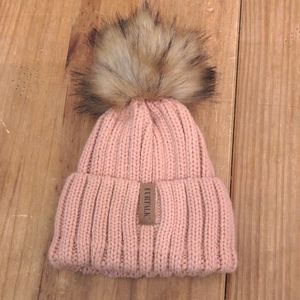 NWOT Kids Furtalk Pink Lotus Color Faux Fur Pom Pom Knit Hat